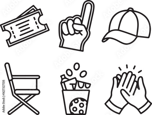 Ticket, Foam Finger, Hat, Chair, Snack Box, Applause Hands