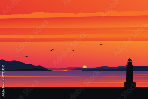 Lima cityscape silhouette with sunset and flying birds