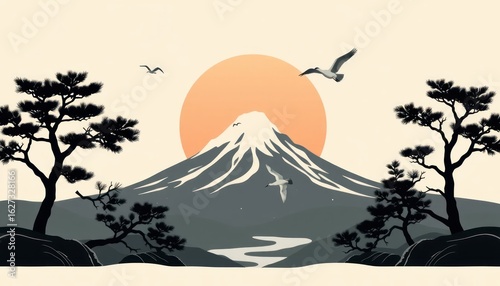 Minimalist Mountain Landscape with Birds and Trees: A Serene Scene
