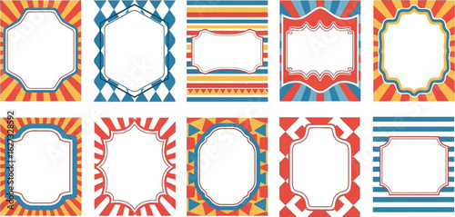 Collection of vintage circus themed decorative frames and borders with vibrant colors and patterns