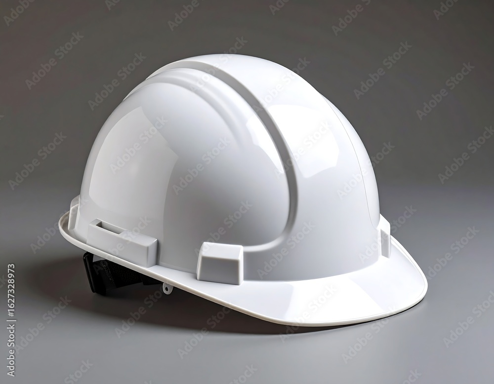Fototapeta premium A clean white hard hat sits on a gray background