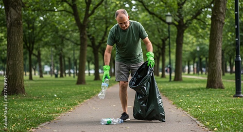 A man wearing gloves picking up litter from a paved pathway in a park.
