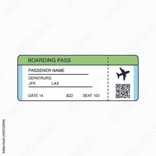 Airline boarding pass showing departure and arrival airports, gate, seat number, and QR code.