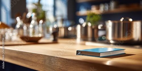 Wallpaper Mural A close-up of the edge of an empty wooden table, with blurred kitchen elements in the background.  Torontodigital.ca