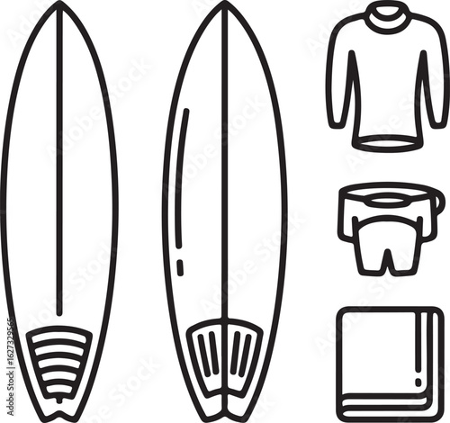 Surfboard, Wetsuit, Leash, Fins, Wax, Rash Guard, and Beach Towel