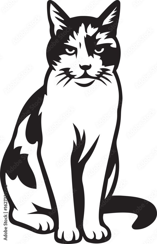 Obraz premium Sitting cat silhouette black and white, Feline animal illustration vector design