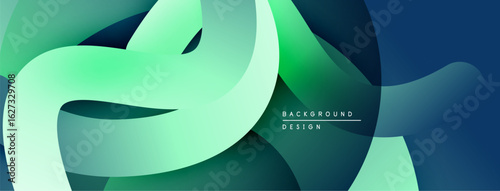 Abstract fluid shapes overlap. Green, teal, navy hues create dynamic background. Modern design feels fresh, flowing.