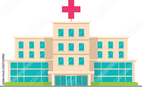 Modern hospital building with a prominent red cross symbol on top against a white background