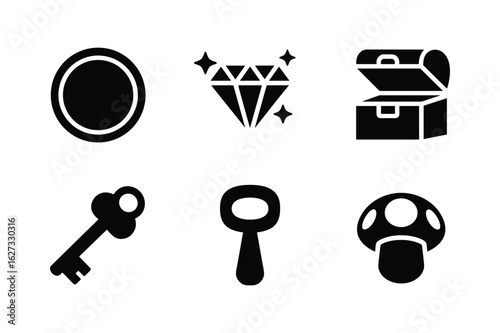 Black silhouettes of game icons including a coin a diamond a treasure chest a key a bottle opener and a mushroom