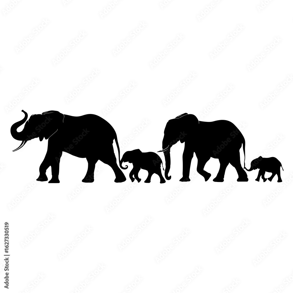 Fototapeta premium A striking silhouette of an elephant family walking together against a white background, with a mother, father, and two small baby elephants.