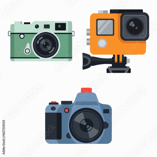 Flat design illustration of three different types of cameras, including a vintage camera, an action camera, and a DSLR.