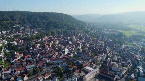 Aerial panorama view of the city Gelnhausen in Germany. on a sunny morning in autumn.