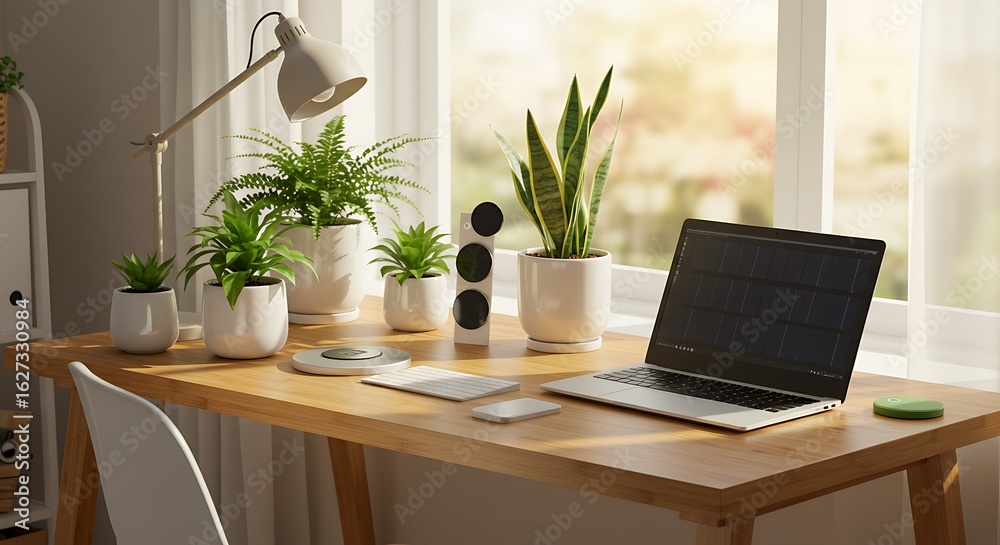 Fototapeta premium A sunlit workspace featuring a laptop, plants, and modern desk accessories, creating a productive and calming atmosphere.