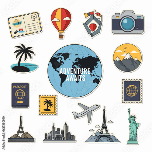 Travel themed stickers featuring a globe, passport, camera, Eiffel Tower, Statue of Liberty, and other travel related icons.