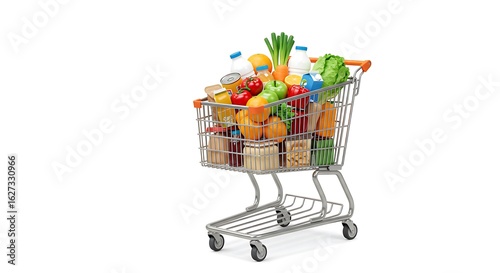 Full grocery shopping cart isolated on white background