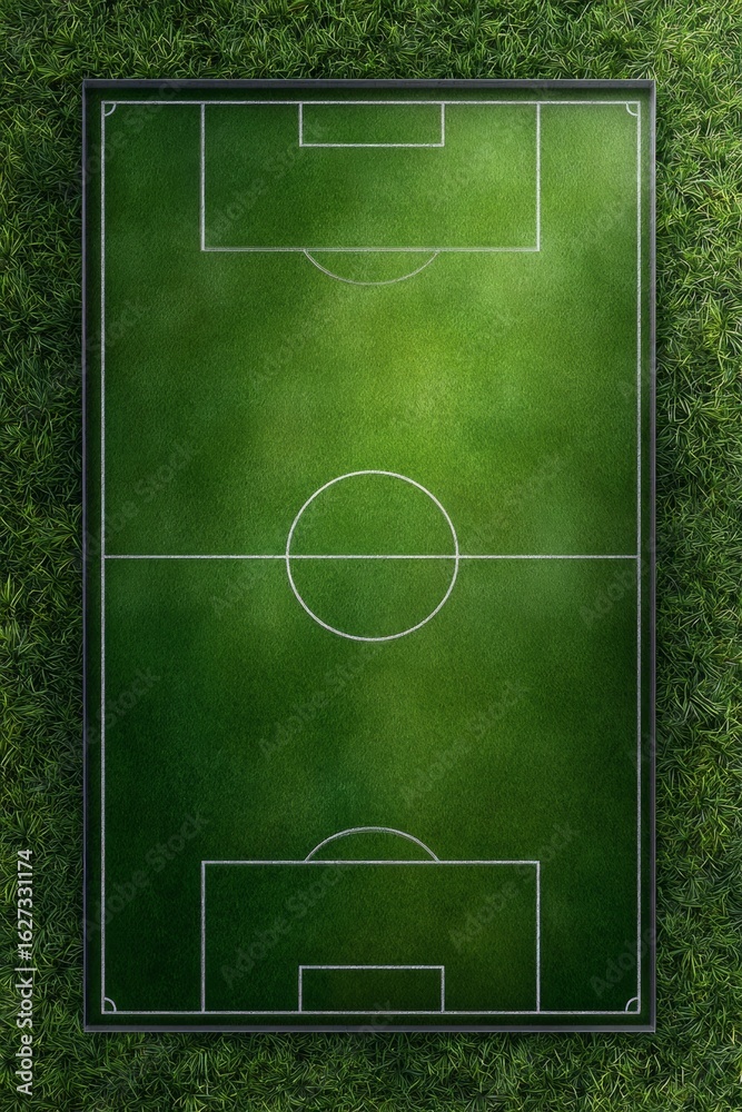 Obraz premium Aerial view of a green soccer field with bright grass texture and white game lines, perfect for sports design, background, or football concept art 