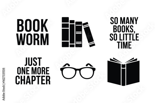 Bookworm reading glasses open book and literary phrases black white