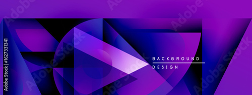Abstract geometric shapes, vibrant purple hues dominate design. Modern, dynamic composition creates visual interest. Background element.