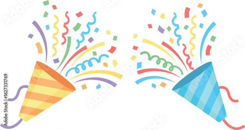 Two colorful party poppers exploding with confetti and streamers against a white background