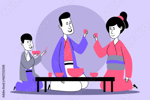 Family sitting together on tatami mat, wearing traditional kimonos. They sharing drinks and enjoying joyful moment