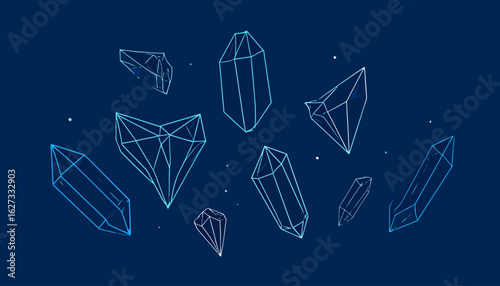 Glowing blue wireframe crystals and a heart-shaped gem in a geometric line art style.