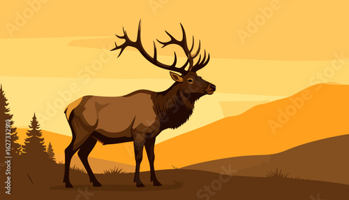 Majestic bull elk with large, branching antlers, illustrated in a bold vector style.