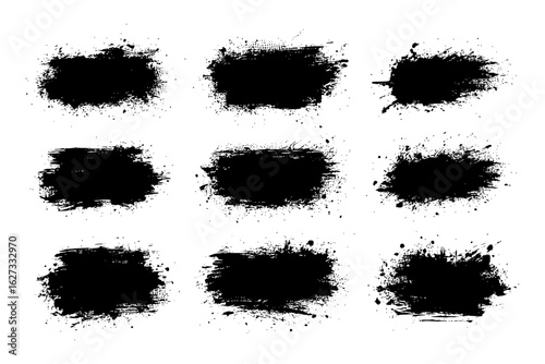 Set of abstract black ink brush strokes with distressed grunge textures, smudges, and expressive overlays. Ideal for background accents, digital compositions, and urban-style graphic assets.