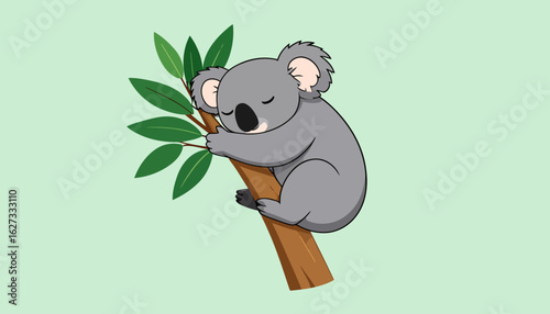Sleeping cartoon koala with fluffy ears hugging a brown tree branch with eucalyptus leaves.