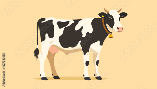 A standing black and white dairy cow with horns, a collar, and a golden bell illustration.