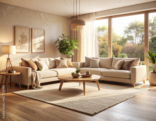 Cozy minimalist living room with sofa and natural light scandinavian home design comfortable environment for relaxation