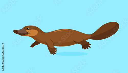 Cute cartoon platypus swimming, a friendly brown mammal with a duck-bill and webbed feet.