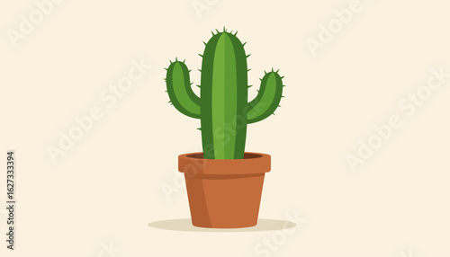 Cartoon green cactus with ribbed texture and spines, potted in a simple terracotta pot.