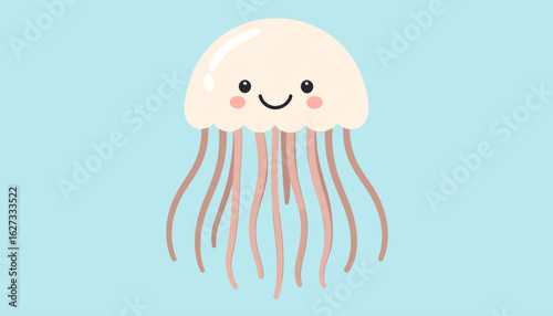 Adorable beige jellyfish character with a happy smiling face, rosy cheeks, and long wavy pink tentacles. A cute kawaii style illustration.