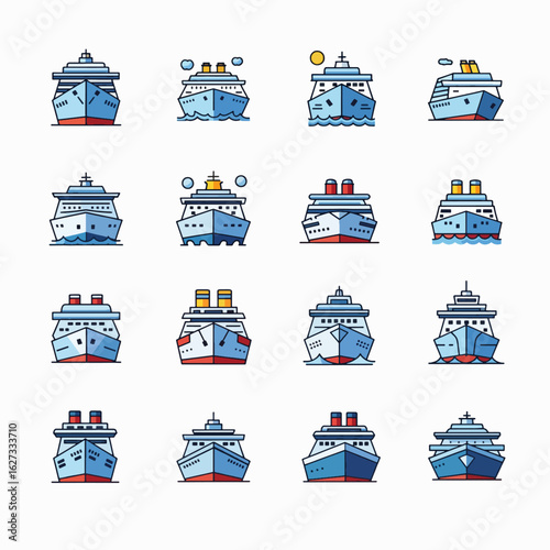 A collection of various cartoon-style cruise ships, each with unique designs.