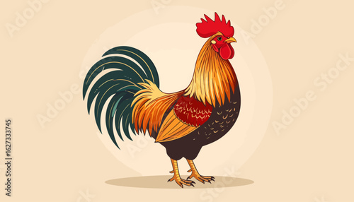 Majestic rooster illustration with a bright red comb, golden neck, and dark green tail.