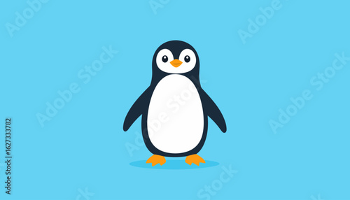 Adorable cartoon penguin character standing in a frontal pose. A cute, flat design with big eyes, an orange beak, and webbed feet.
