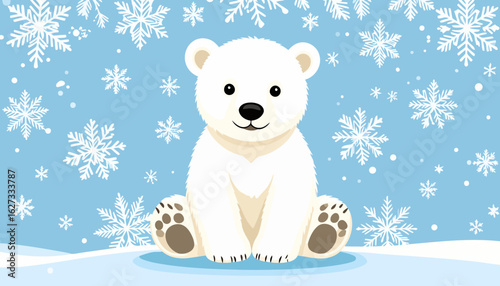 Adorable cartoon polar bear cub with fluffy white fur, sitting happily with a gentle smile and visible paw pads.