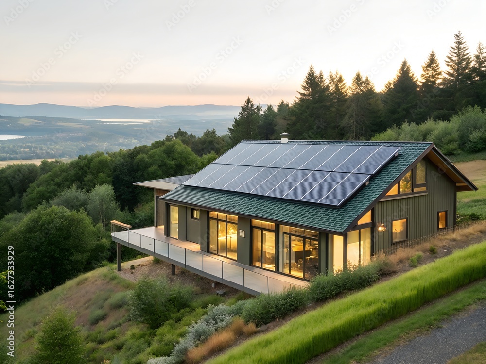 Modern Green House with Solar Panels on Hillside at Sunset Modern Green House with Solar Panels on Hillside at Sunset