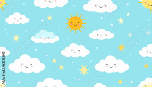 Seamless kawaii pattern of smiling clouds, suns, and stars. Cute cartoon weather characters with happy faces and rosy cheeks on a light blue sky background.