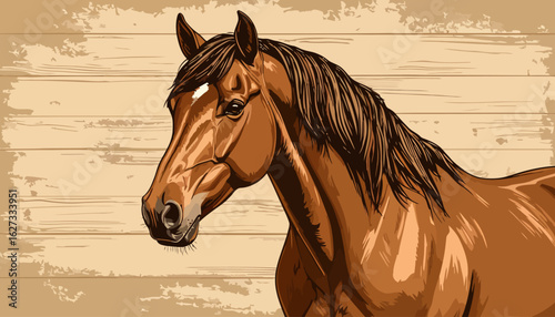 Graphic illustration of a majestic brown horse head with a white blaze and dark mane.