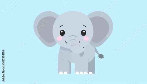 Cute gray baby elephant cartoon with big ears and pink cheeks, standing in a frontal view.