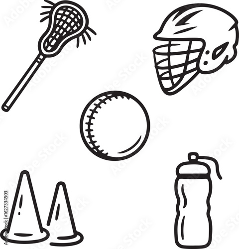 Small Stick, Mini Helmet, Soft Ball, Training Cones, Coach, and Water Bottle