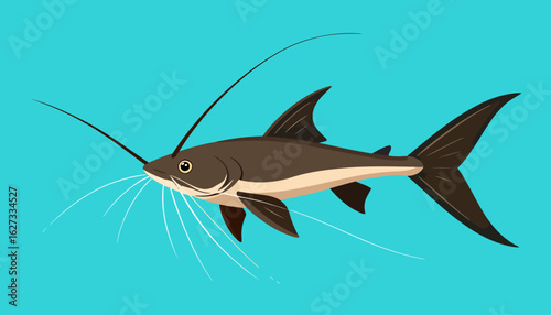 Stylized brown catfish with long barbels and dark fins, swimming in a flat vector illustration.