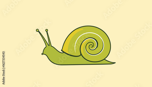 A charming green cartoon snail with a glossy, spiraled shell and prominent eyestalks.