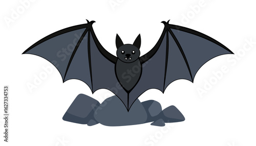 A stylized cartoon bat with large grey wings spread open, pointy ears, and visible white fangs.