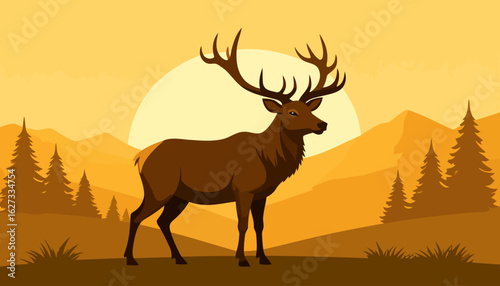 Majestic brown stag illustration with large, branching antlers, standing proudly in profile.
