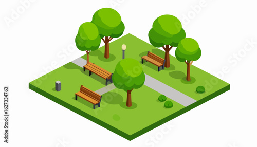 Isometric illustration of a serene city park with green trees, wooden benches, and a paved walkway.