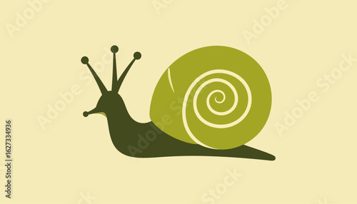Stylized green snail with crown-like eyestalks and a swirling spiral shell.