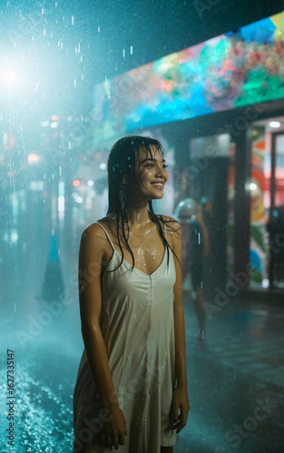 young woman enjoying the rain in the forest