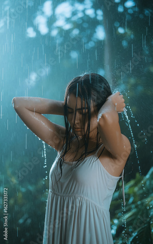 young woman enjoying the rain in the forest